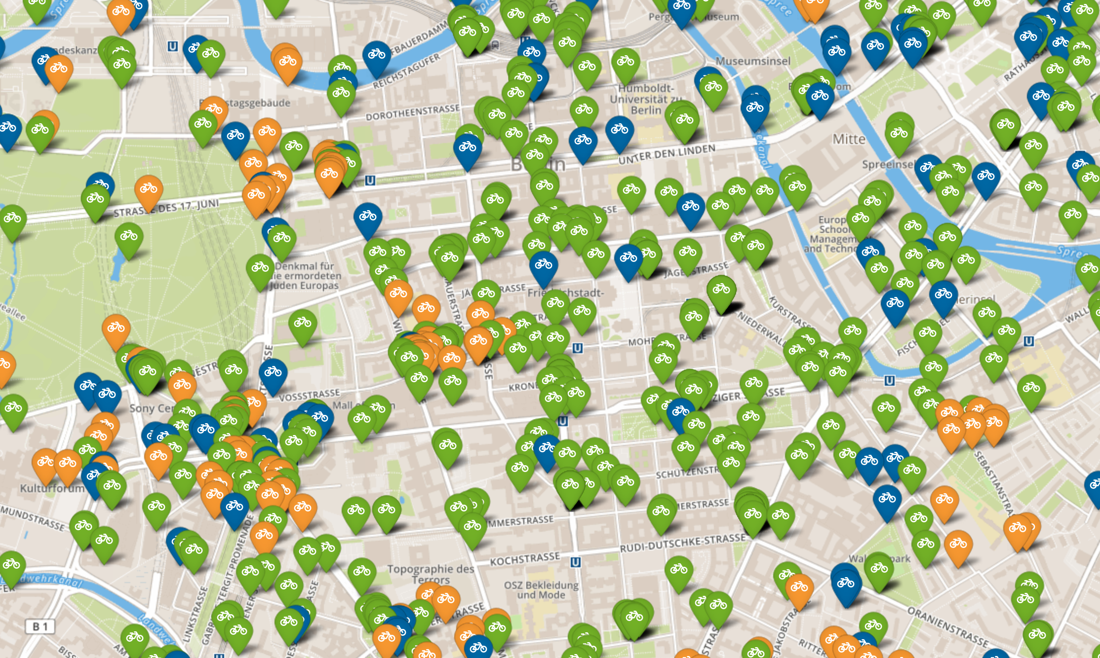 Ausschnitt aus Berlin mit allen Nextbike (blau), Lidlbike (grün) und Mobike (orange) Positionen.