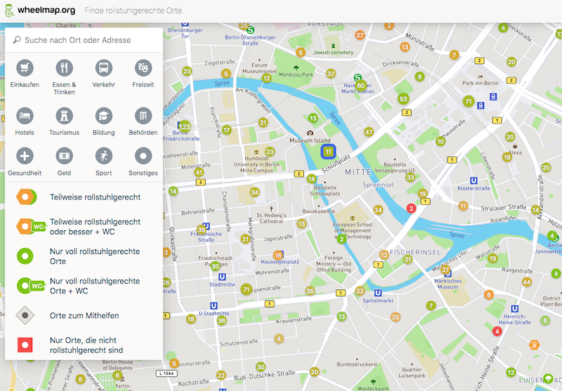 Die Webseite Wheelmap sammelt „crowdsourced“ Informationen zur Rollstuhlgerechtigkeit verschiedener Orte in Berlin