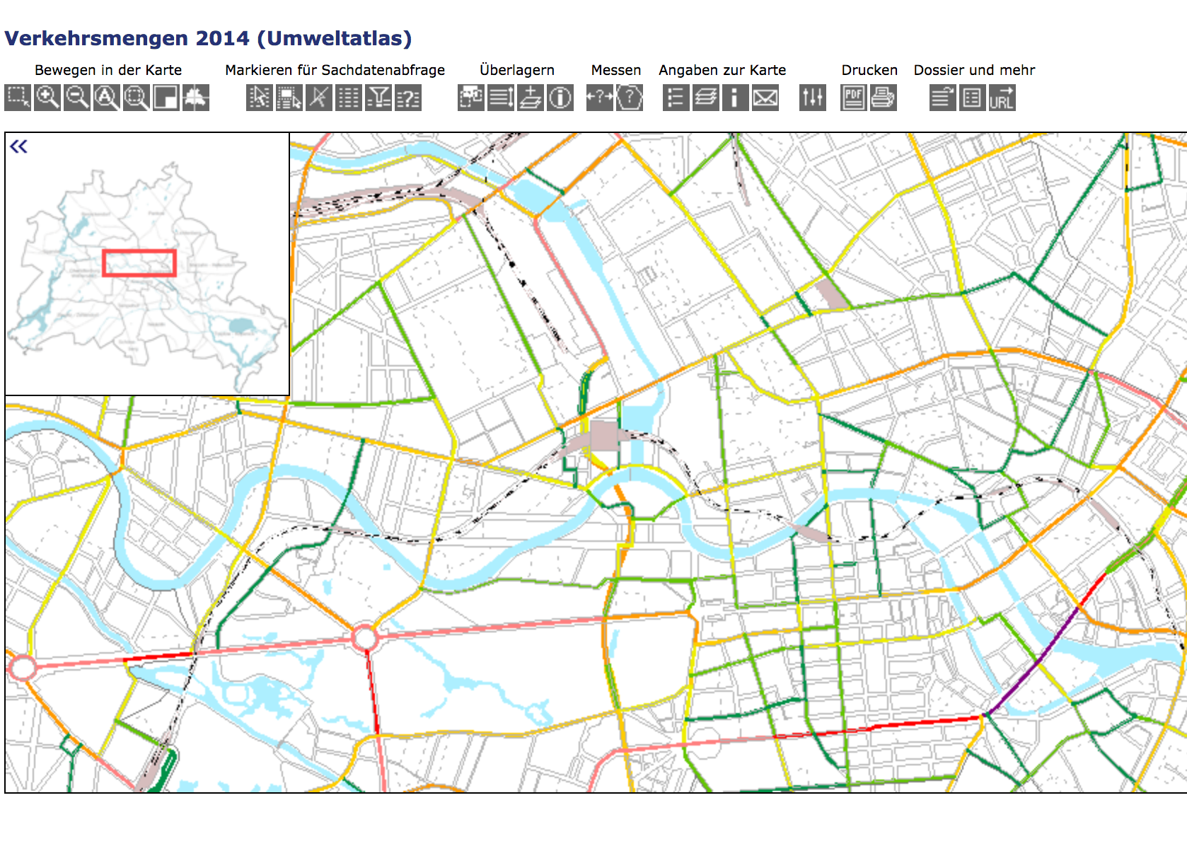 Eine Karte der Verkehrsbelastung von Straßen in Berlin