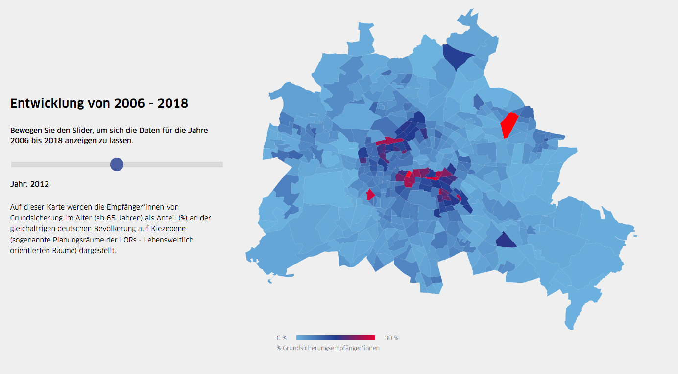 Eine Karte, die die geographische Aufteilung von Grundischerungsempfänger*innen über mehrere Jahre in Berlin zeigt