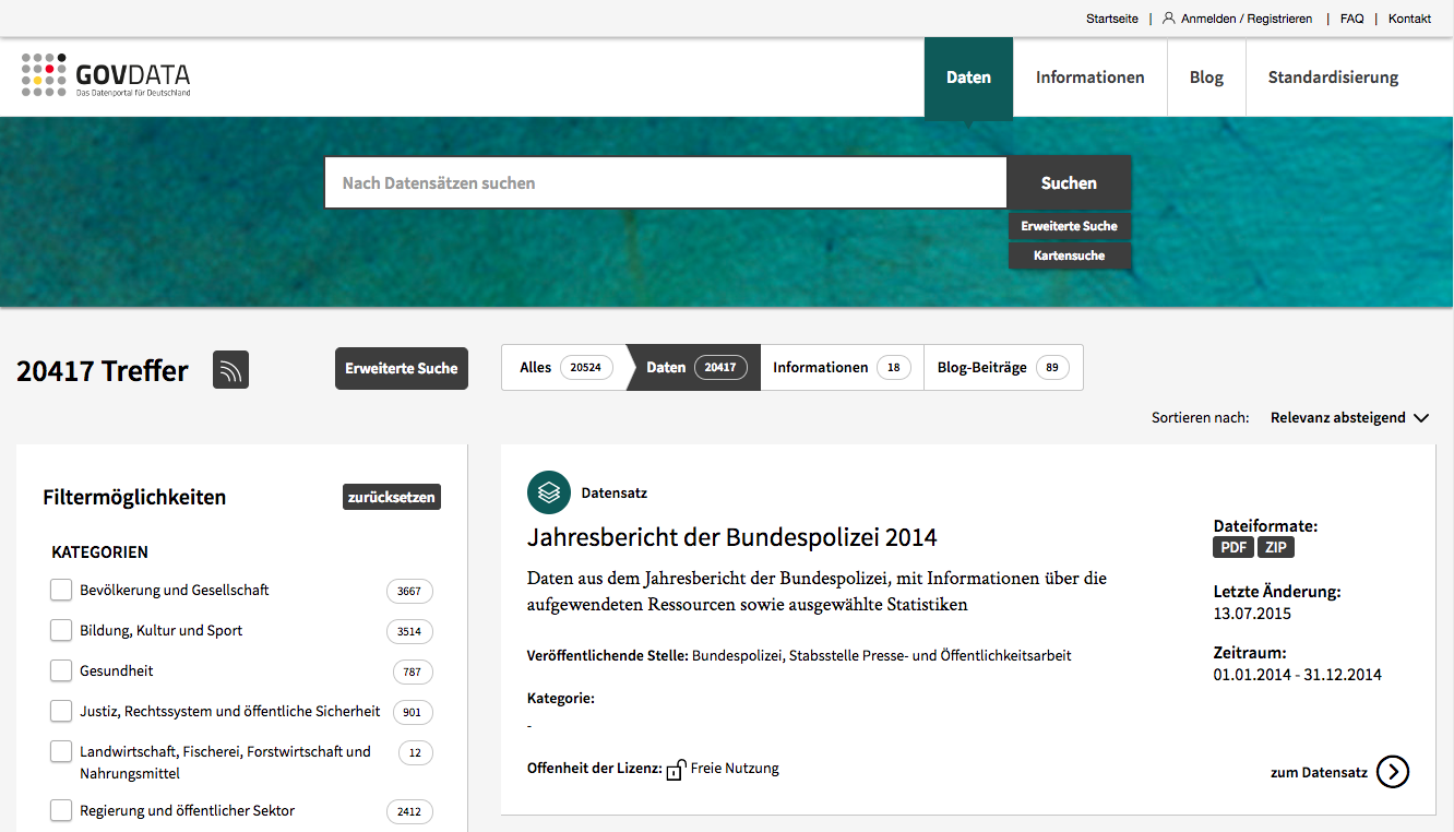 Screenshot of <a href='http://www.govdata.de'>www.govdata.de</a>, which have already implemented DCAT-AP.de.