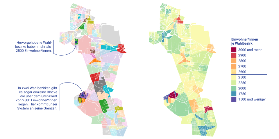 Die Wahlbezirke in Tempelhof-Schöneberg zum Zeitpunkt der letzten Wahl. Wahlbezirke mit mehr als 2.500 Einwohner*innen gelten als 'überbevölkert'.